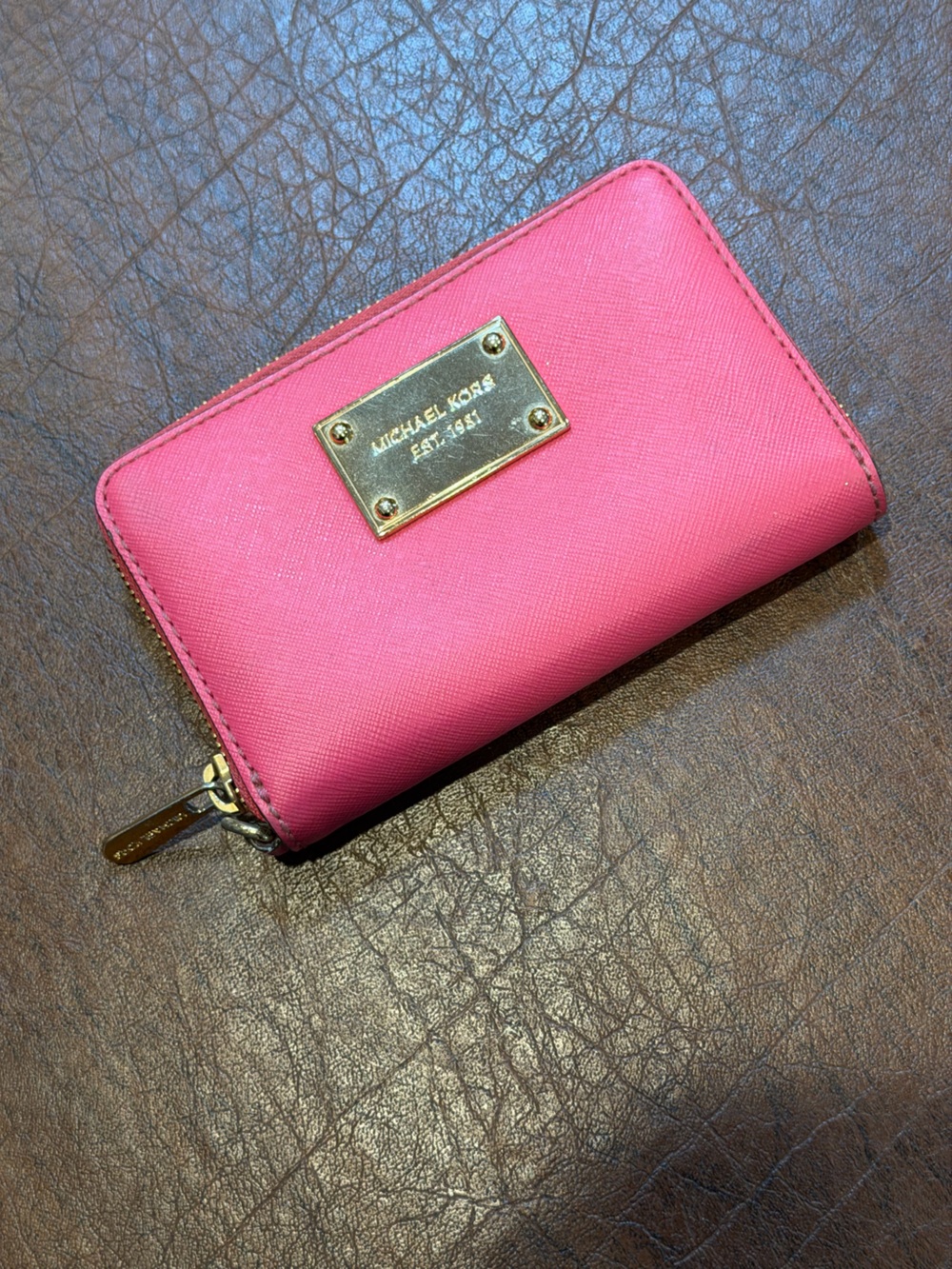 Michael Kors Hot Pink Saffiano Zip Card Case with Gold Plaque
